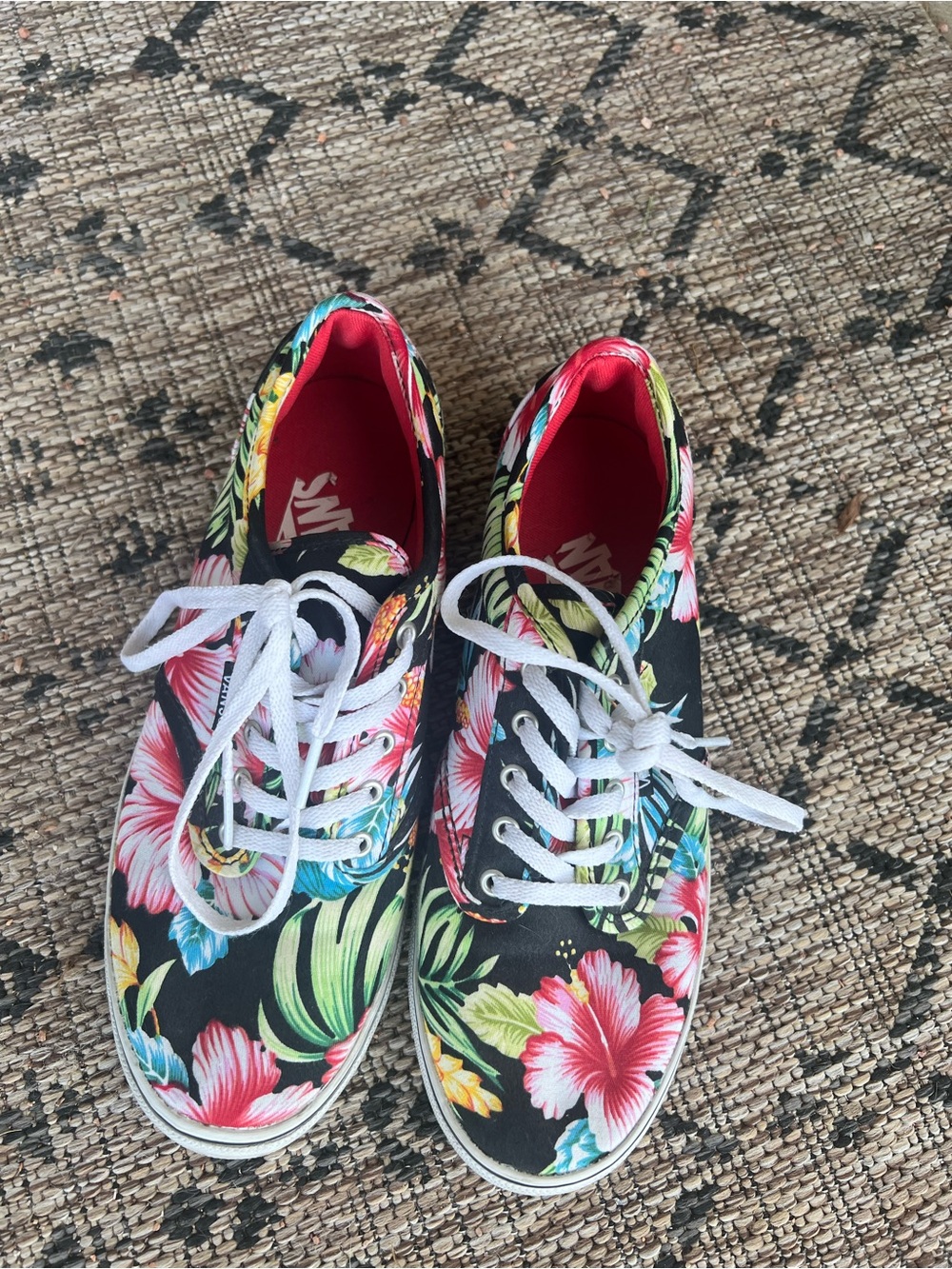 Vans Floral Canvas Low-Top Sneakers in Black with Pink Hibiscus